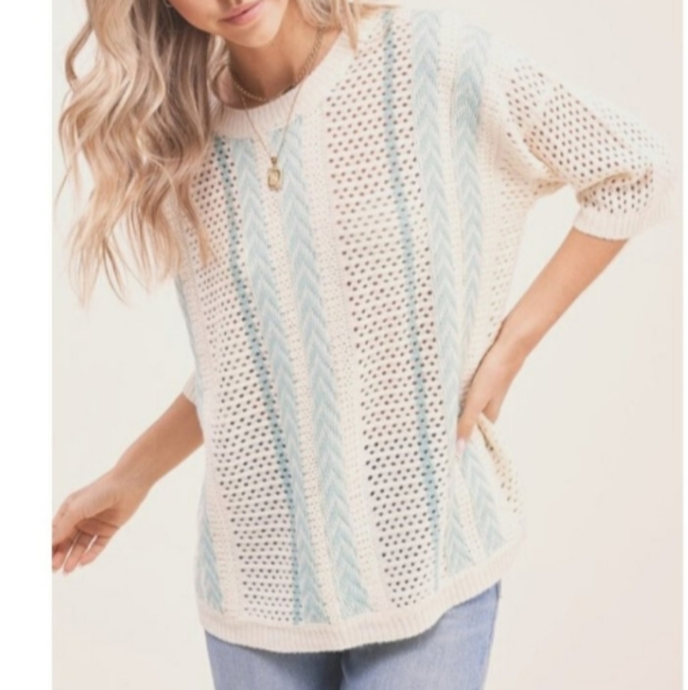 La Miel Coastal Knit Sweater Cream Blue Striped Oversized Lightweight Short Slee - Picture 8 of 8